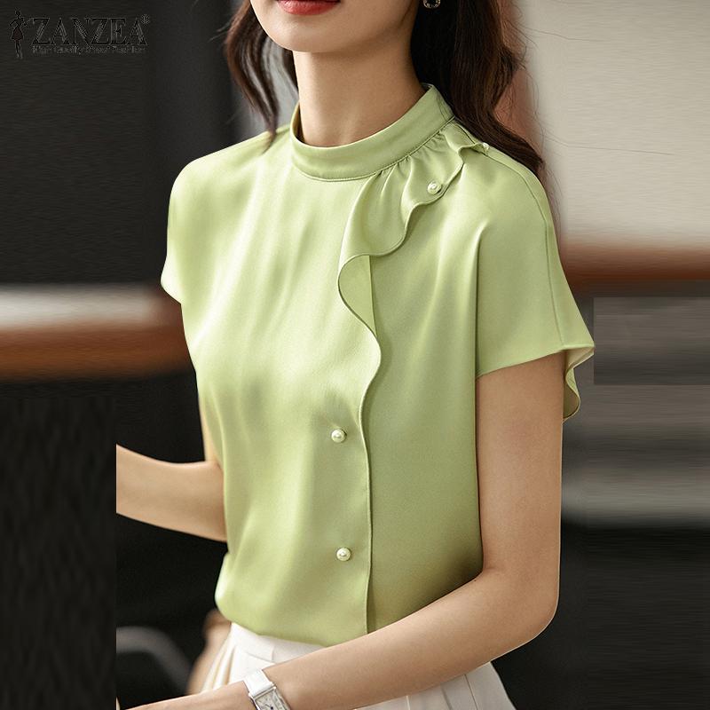 

ZANZEA Леди женский летний сплошной цвет свободный топ с круглым вырезом и короткими рукавами и пуговицами