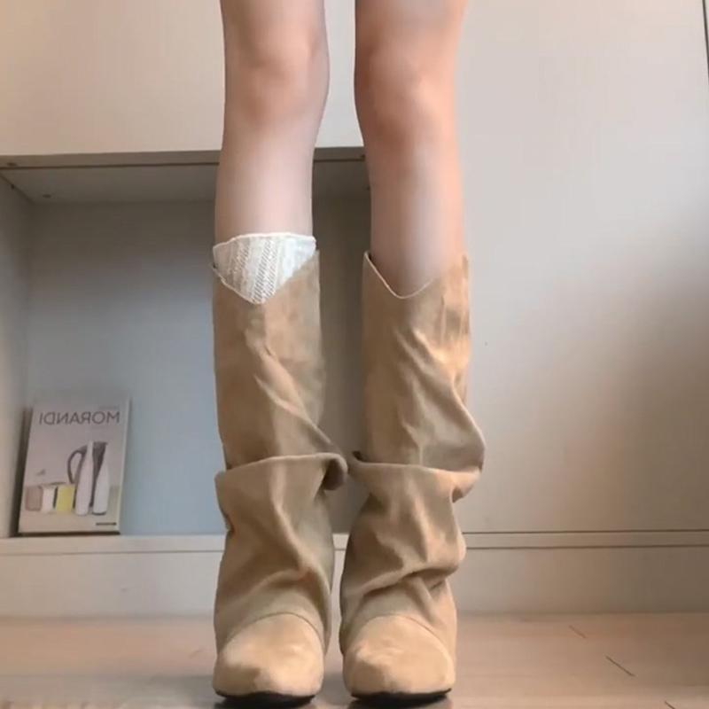 Autumn Winter Pleated Women Western Cowboy Boots Internal Elevation Slip On Mid Calf Booties  De Mujer