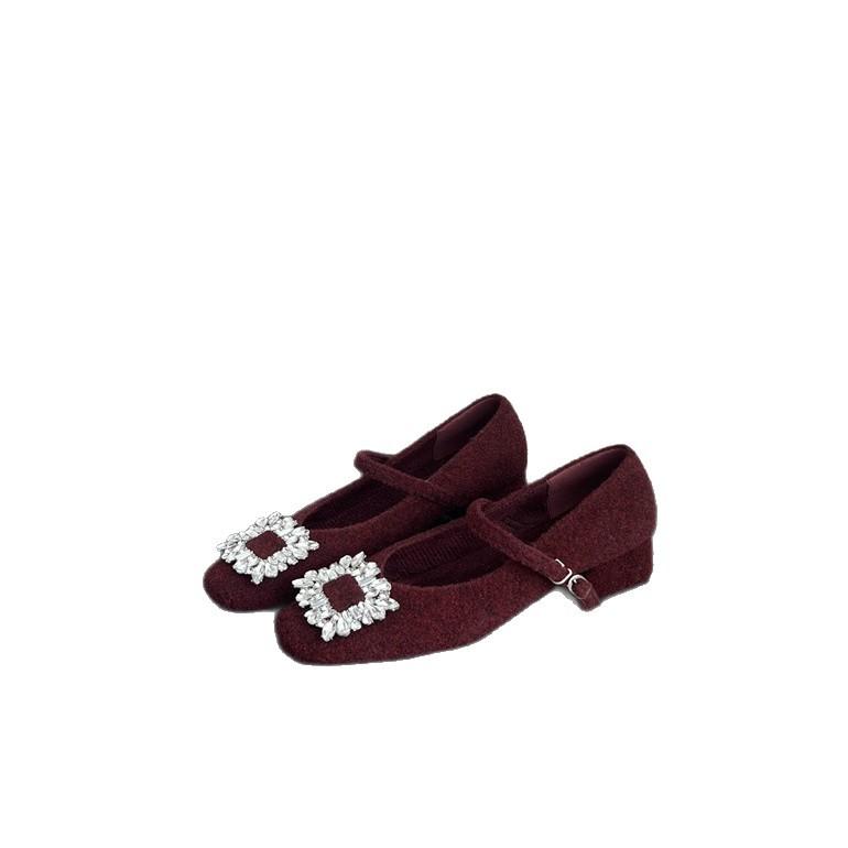 2025 autumn and winter new rhinestone square buckle thick heel versatile temperament single shoes gentle laden shoes French Mary Jane shoes women