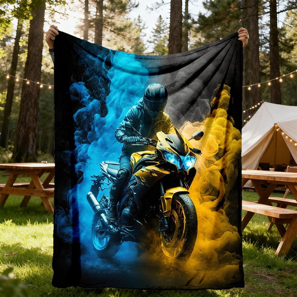 1pc Motorcycle Rider Flannel Blanket, Comfortable and Warm Blanket, for Camping Sofa Bed and Couch Office035