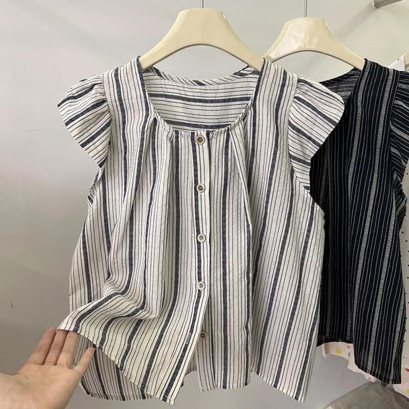 

Women s Striped Square Neck Blouse Ruffle Sleeveless Button-Down Casual Top L білий