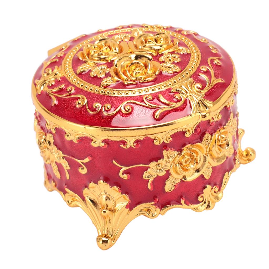 Vintage Metal Jewelry Box Round Exquisite Hand Carved Gold Flower Pattern Trinket Organizer for