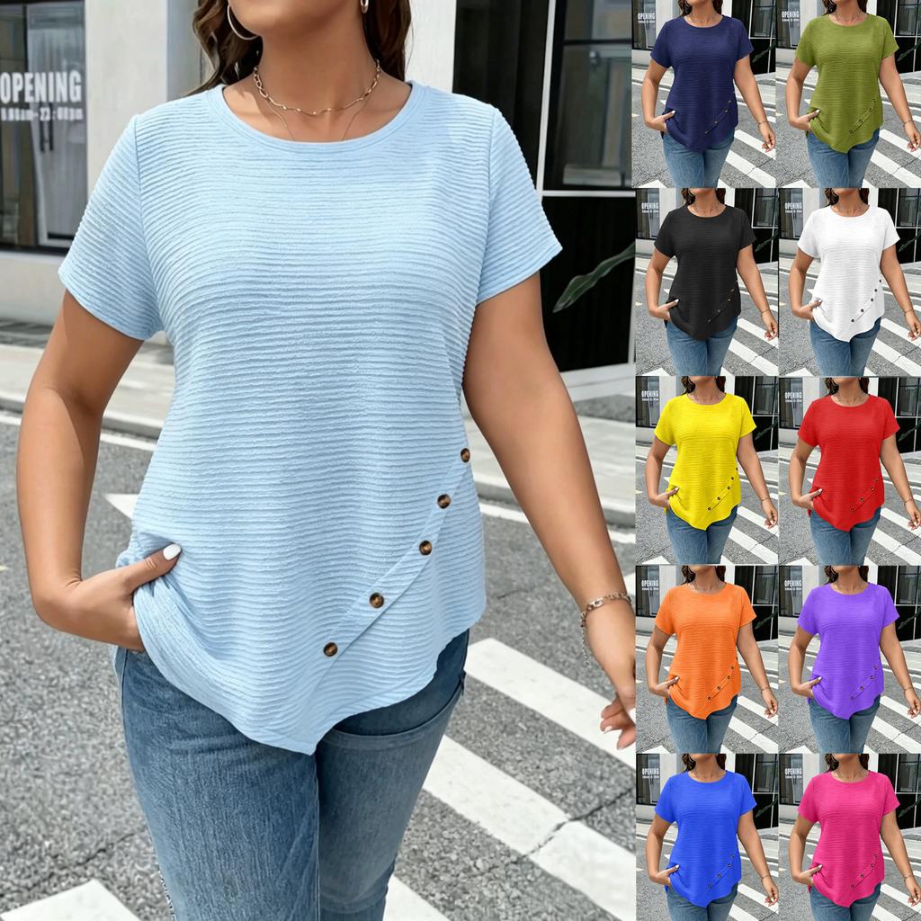 Women's Loose Fit Short Sleeve Casual T Shirt Asymmetric Hem Button Detail Lightweight Soft Fabric Comfortable Everyday Wear