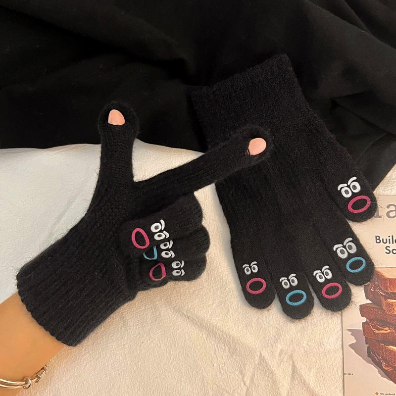 Big mouth monster gloves five fingers cute Korean version wool knitted thickened thermal gloves women's winter riding can touch screen