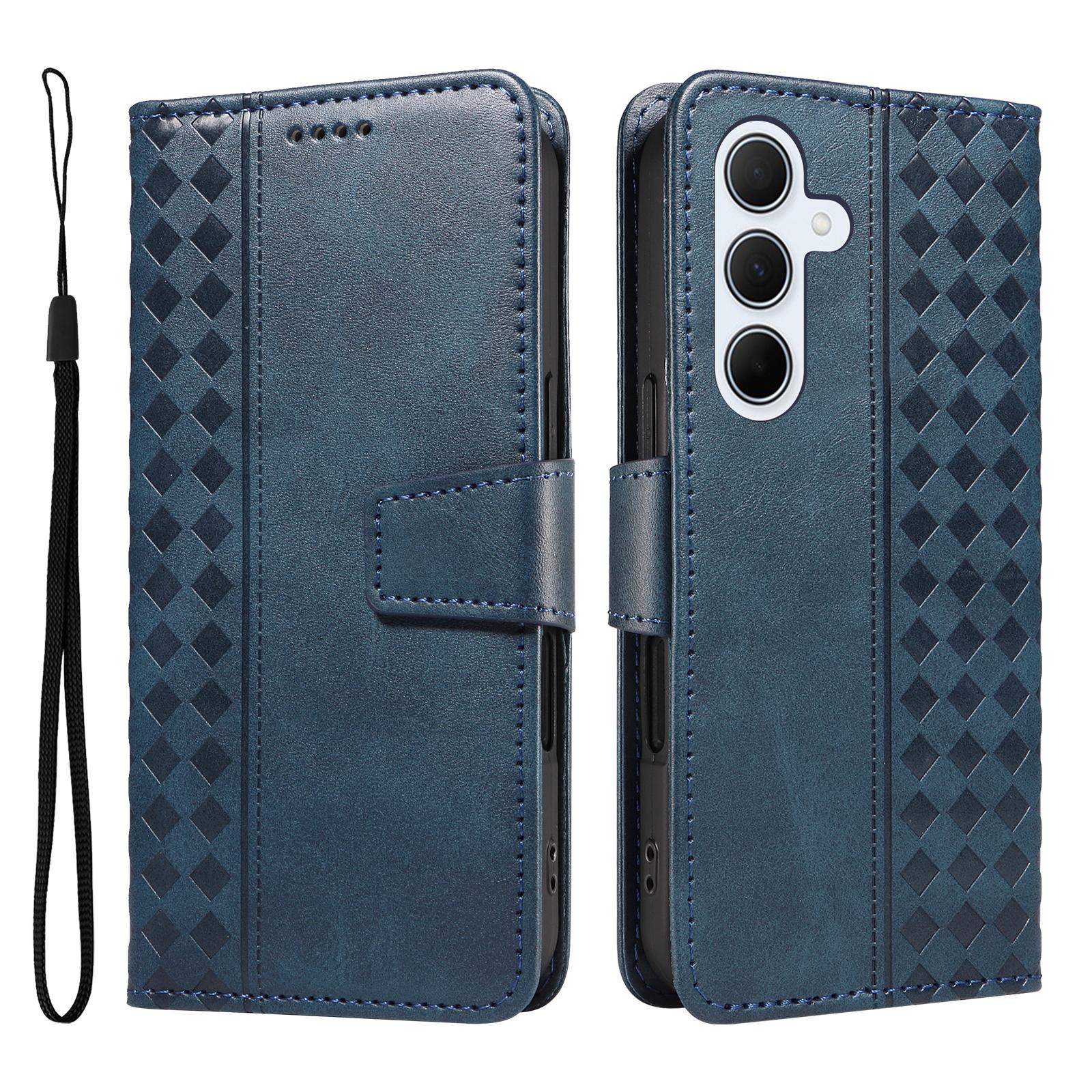 

For Samsung Galaxy A35 5G Leather Case Wallet Stand Grids Imprinted Phone Cover with Strap F