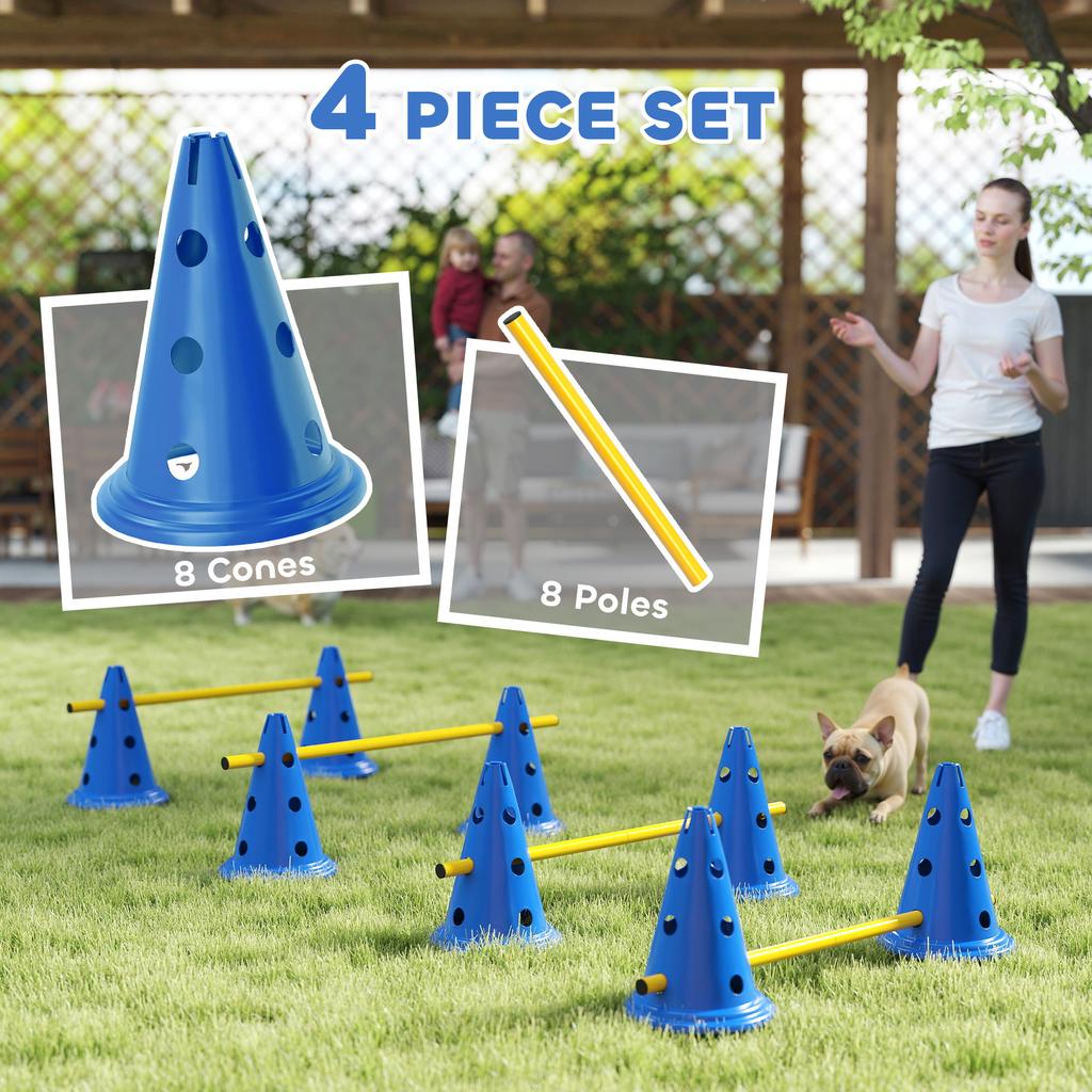 Dog Agility Equipment Set Of Eight Cones Eight Poles W Carry Bag Four Piece Adjustable Height Jumping Obstacles Blue