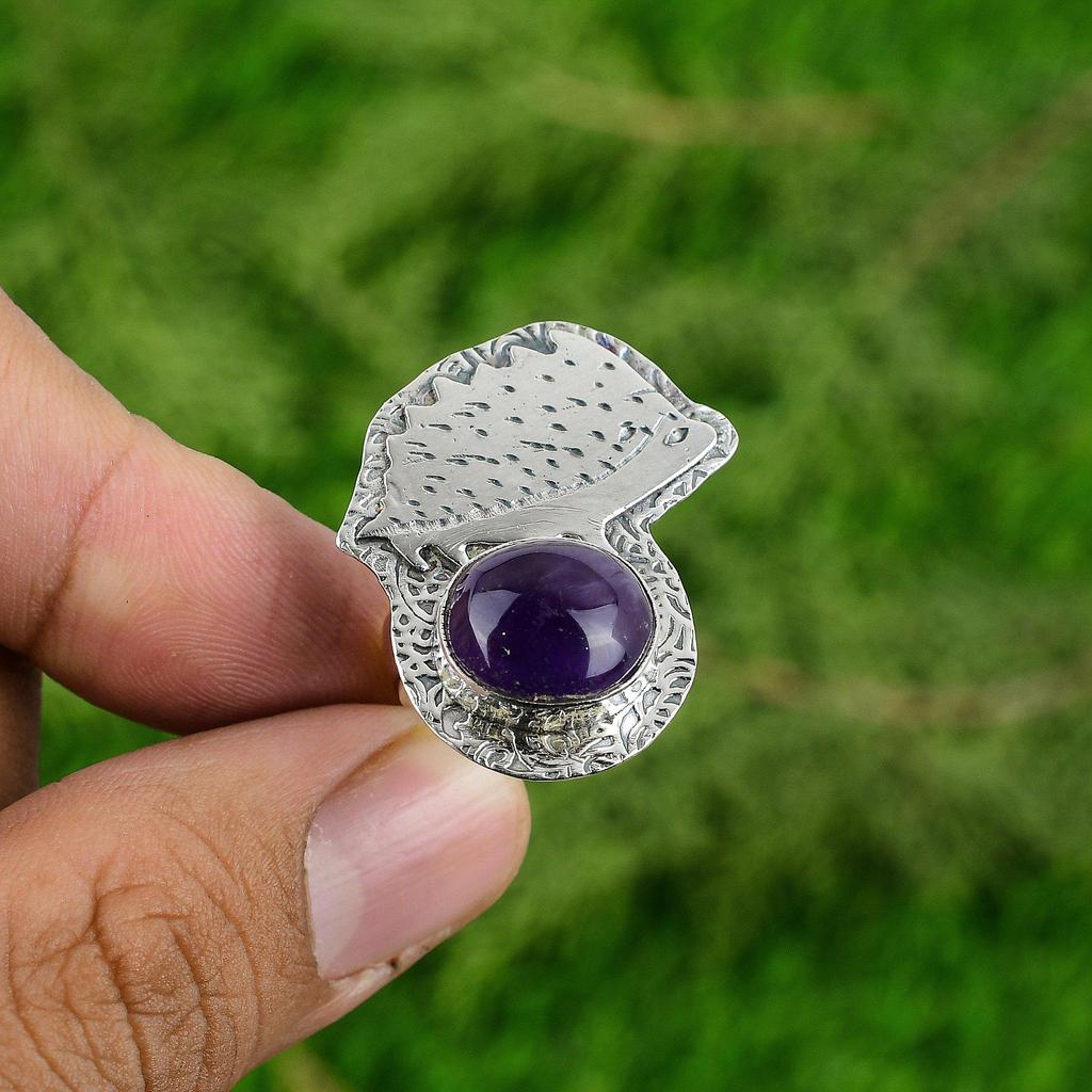 925 Sterling Silver February African Amethyst Gemstone Statement Stackable Ring
