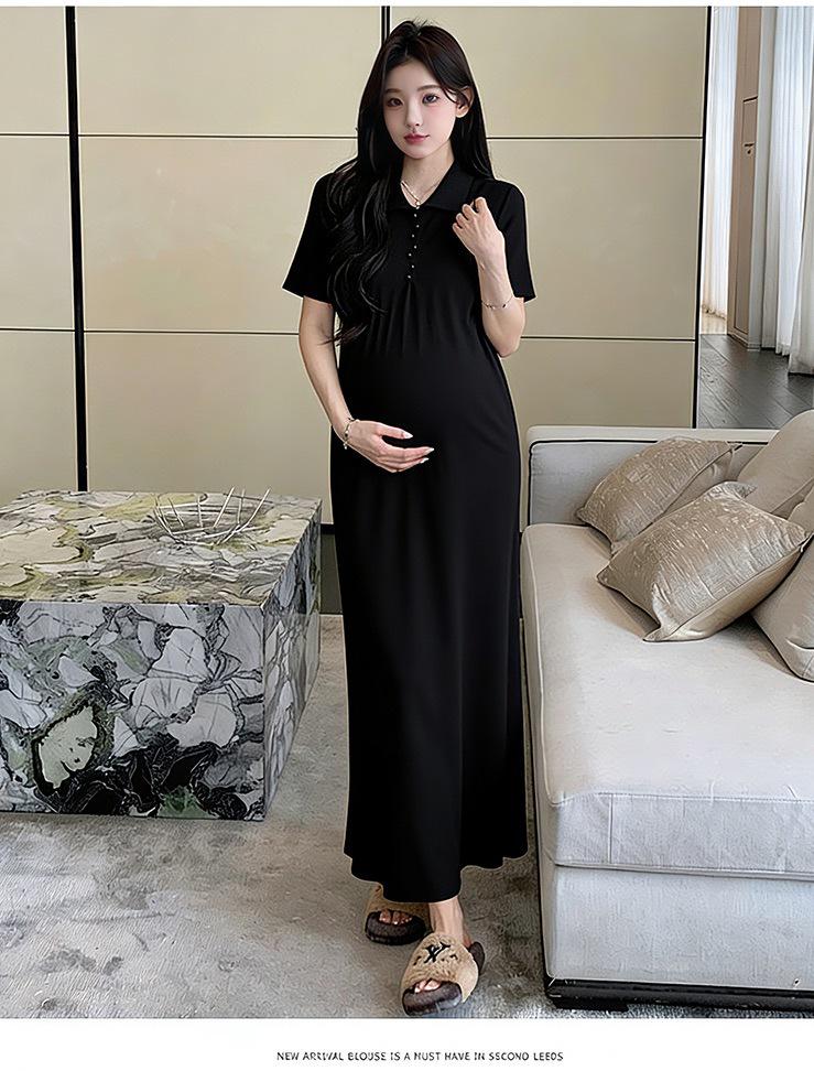 Korean Style Maternity Knit Dress - Plus Size Polo Collar, Loose Fit (2026 Collection)