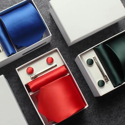Cravate en soie pour homme 8 cm, couleur unie rouge et bleu, mouchoir, boutons de manchette, coffret cadeau, cravates formelles pour homme, lieu de travail, affaires, mariage
