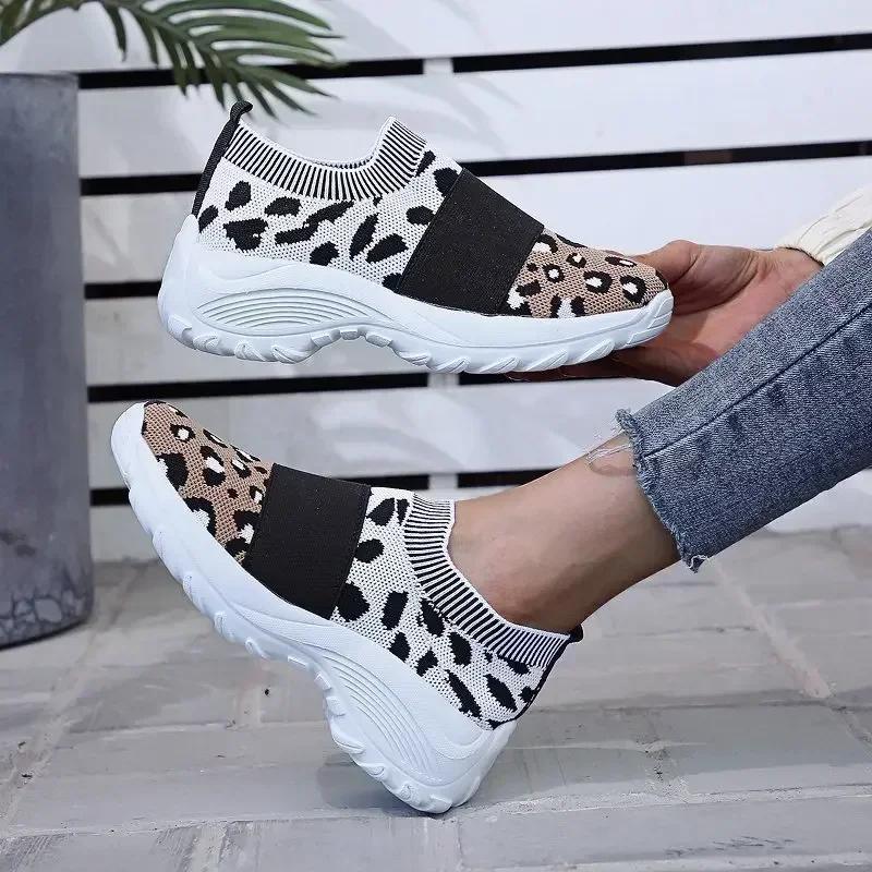 Men Women Summer Sports Sneakers Breathable Leopard print Sneaker Walking Fitness Sport Shoes Chunky Platform Height Increasing Loafers Elastic Tra...