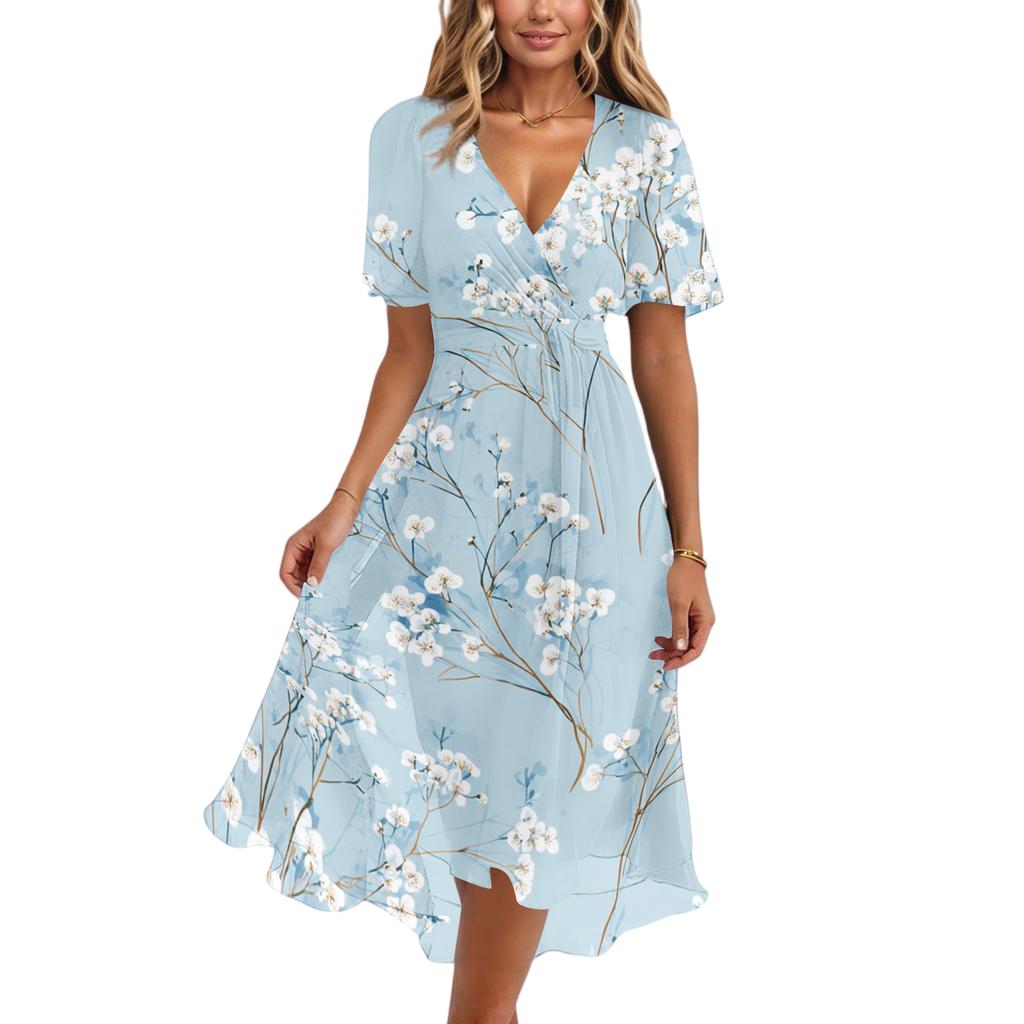 Women V Neck Short Sleeve Floral Print Dress Casual Loose Fit Summer Midi Dress Lightweight Flowing Elegant Style