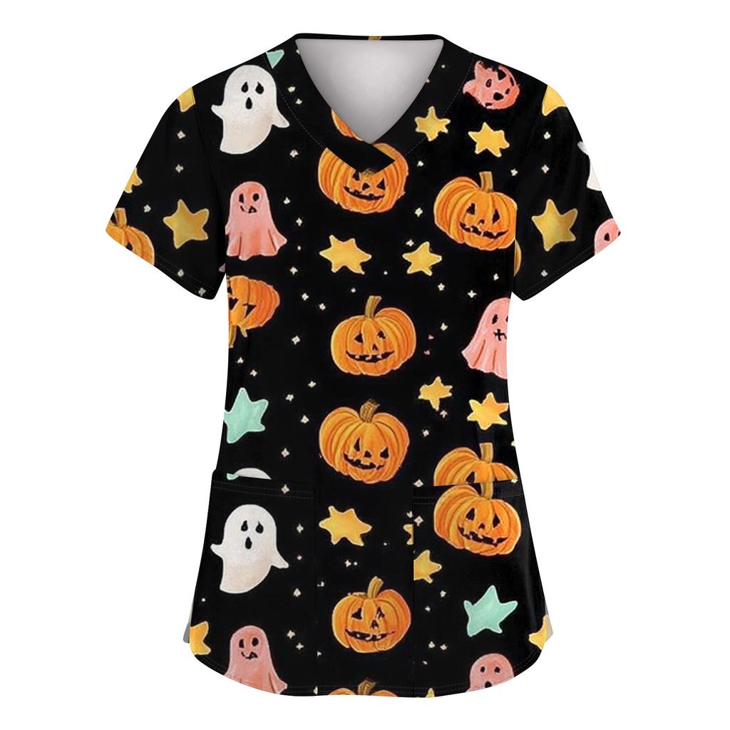 Women's Fashion Short Sleeve Halloween Printed V-Neck Pocket Workwear Tops