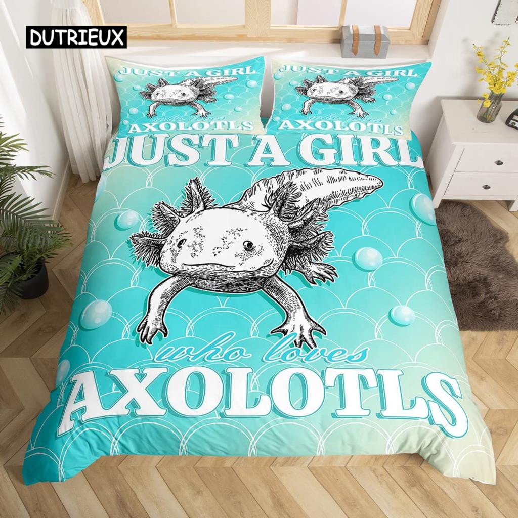Axolotl Duvet Cover Set Pink Newt Wildlife Comforter Cover with Pillowcases Cartoon Octopus Animal Kawaii Style Twin Quilt Cover