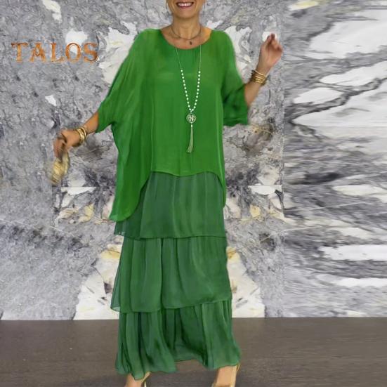 Rochie de seară în straturi, împrăștiate, tiv de tort, mâneci pe jumătate, rochie maxi, mâneci liliac, largi, gât rotund, rochie din șifon pentru petrecere, bal de absolvire