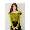 Green Irregular Lapel Off-shoulder Long-sleeved Sweater for Women Autumn and Winter Slim Fit High-end Sweater Light Luxury Top