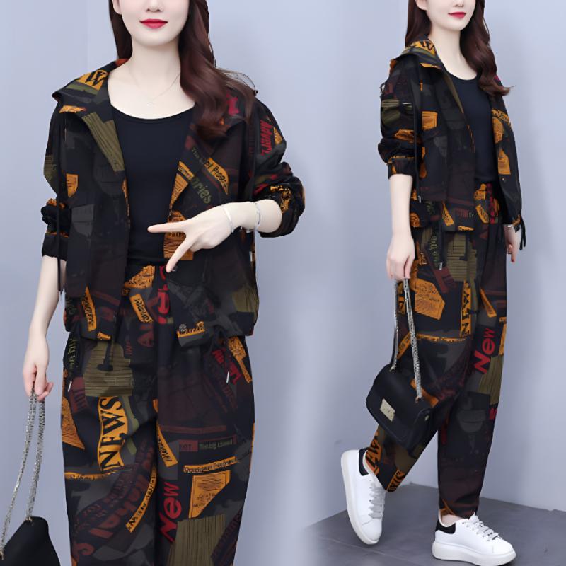 Plus Size Retro Suit Women's Spring and Autumn Loose Casual Fashion Temperament Hooded Jacket Two-piece Suit