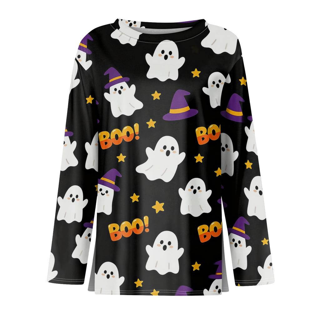 Women's Fashion Long Sleeve Top Halloween Print Round Neck Pullover Shirt with Split Hem Casual Wear for Autumn and Winter