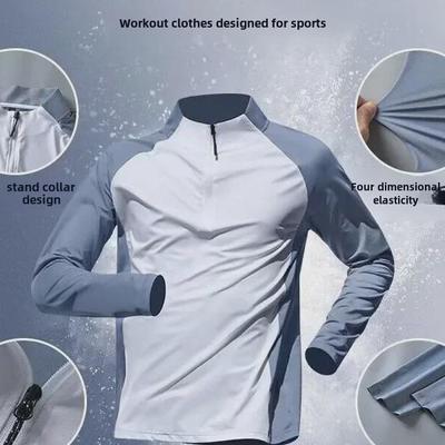 Schnelltrocknendes, sonnengeschütztes Sport-Langarm-Laufshirt mit halbem Reißverschluss für Herren für Frühling und Herbst