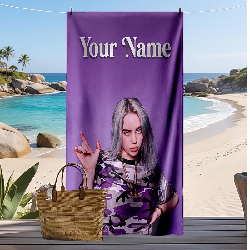 Billie Eilish Benutzerdefiniertes Strandtuch, Mit Ihrem Namen Text Bedrucktes Leichtes Saugfähiges Handtuch für Schwimmen Reisen