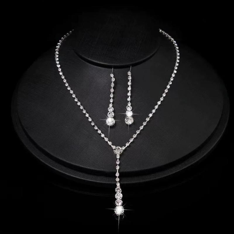 Fashion Simple Water Drop Crystal Rhinestone Necklace Earrings For Women Wedding Dress Accessories Light Luxury Jewelry Sets