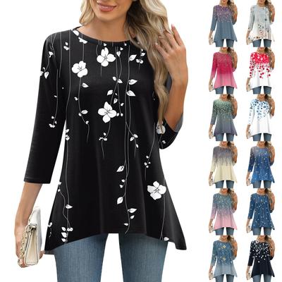 Kadınlar İçin 3/4 Kollu Tunik Üstler Baskılı Günlük Hafta Sonu Bol Kesim Moda Temel Yuvarlak Yaka Tişört