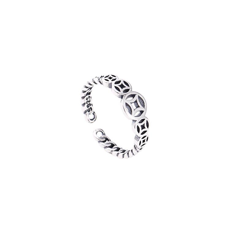 S925 Sterling Silver Retro Copper Coin Open Ring - Japanese Korean Style, Five Blessings, Oxidized Finish