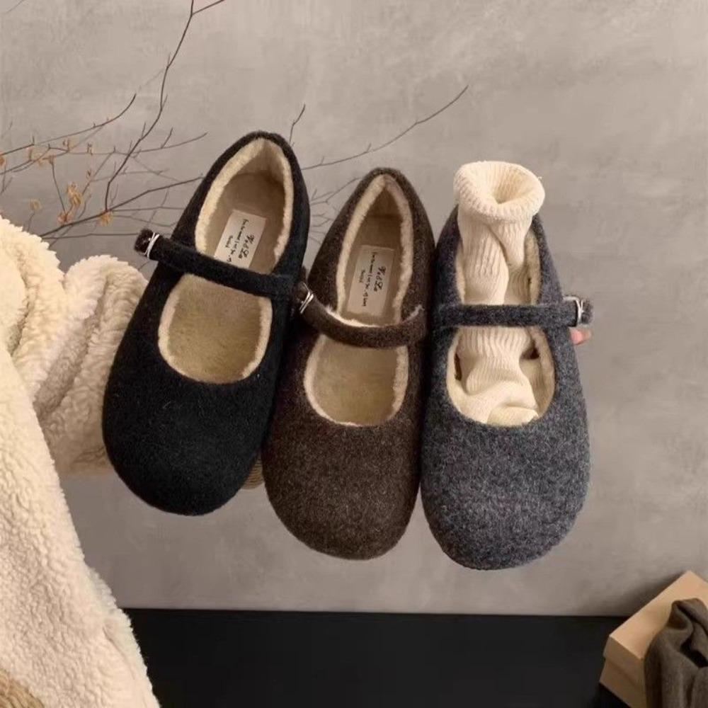 Fashion Buckle Strap Ladies Mary Janes Flats with Fur Shoes Round Toe Female Plush Footwear Women Flats Warm Shoes