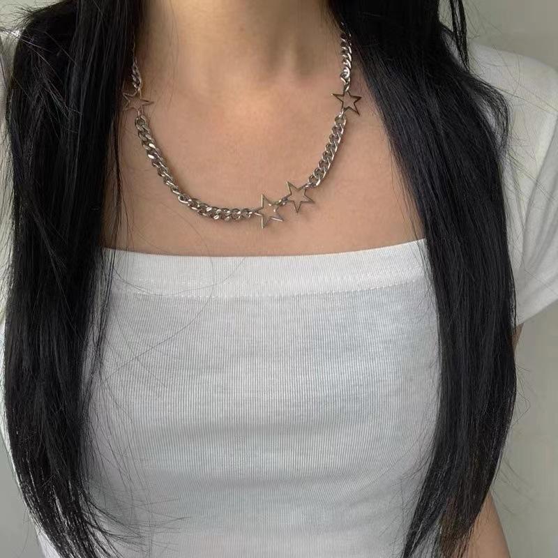 ins star element necklace female y2k subculture niche personality versatile Spice girl pentagram hollow titanium steel neck chain