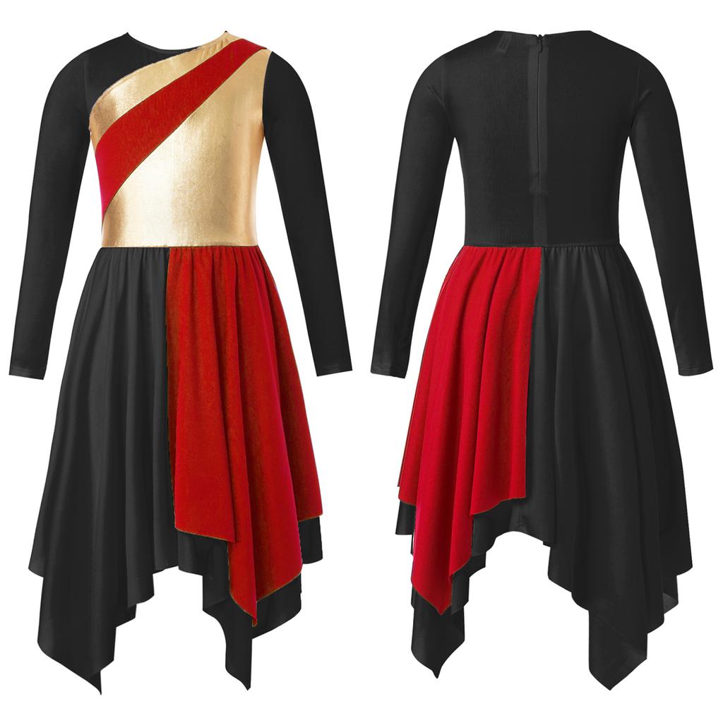 Crianças meninas manga longa brilhante metálico louvor túnica assimétrica vestido lírico traje de dança contemporânea
