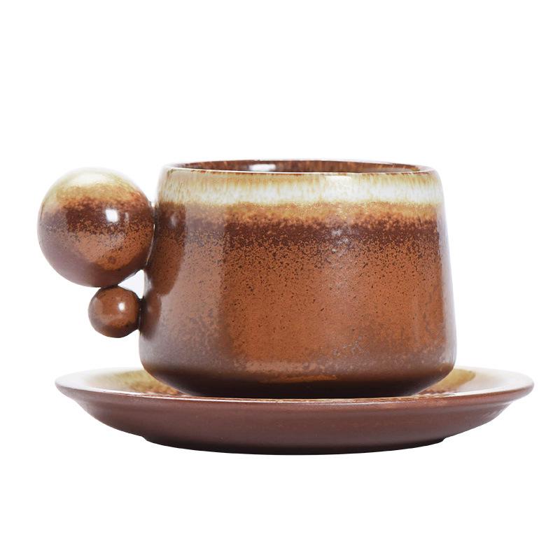 Ensemble Tasse à Café et Soucoupe en Céramique Créative, Tasse à Eau Ronde Rétro à Changement de Four, Tasse en Céramique de Poterie Grossière pour le Thé de l'Après-Midi