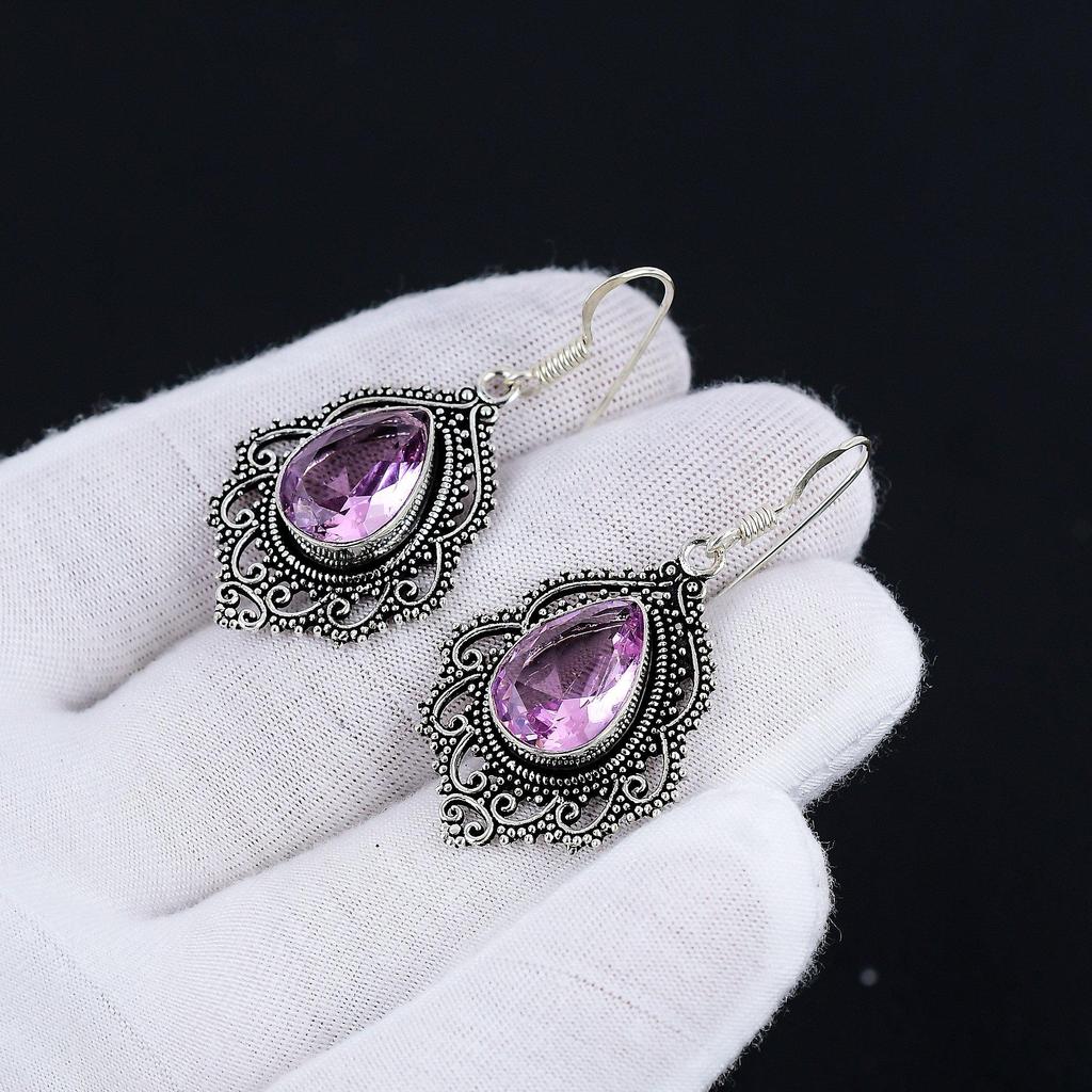 Rosa Kunzit Ohrringe, Edelstein Ohrring, Antik Rosa Kunzit Edelstein Silber Ohrring, 925 Massiv Silber Edelstein Schmuck, Edelstein Ohrring für Sie