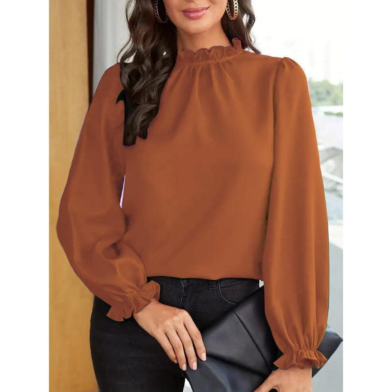 Women's Fashion Casual Spring Fall Solid Color Print Long Sleeve O-Neck Blouses & Shirts