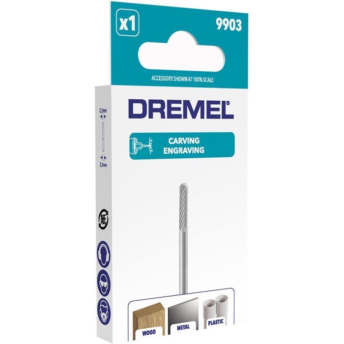 Fraise en carbure de tungstène DREMEL 9903 - Diamètre 3,2 mm - Bout cône - Pour sculpter et graver le bois/métal