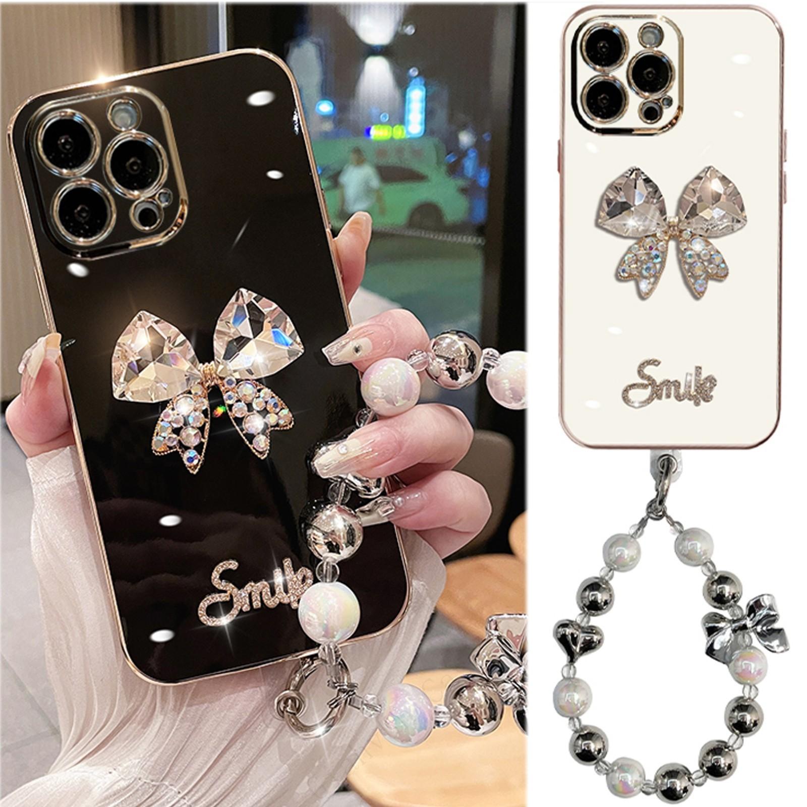 

3D Crystal Diamond Bow Smile Strap Plating Phone Case For iphone 15 14 12 Max MiNi 11 13 Pro X XS XR 6 S 7 8 Plus SE Cover IPHONE 7 8 чорний