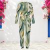 Women Plus Size White Teal Printed Round Neck Long Sleeve Cuffed Top And Cuffed Pants Two Piece Set