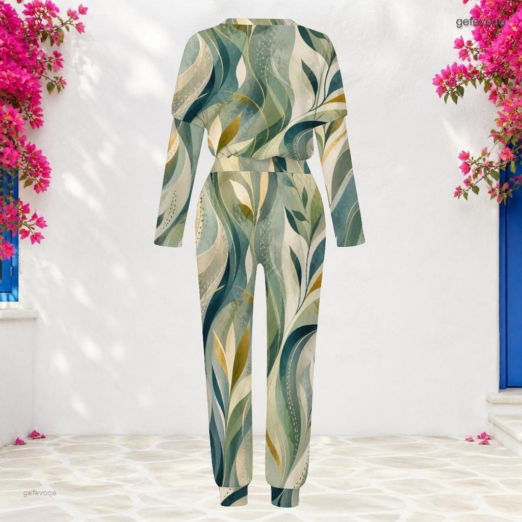 Women Plus Size White Teal Printed Round Neck Long Sleeve Cuffed Top And Cuffed Pants Two Piece Set