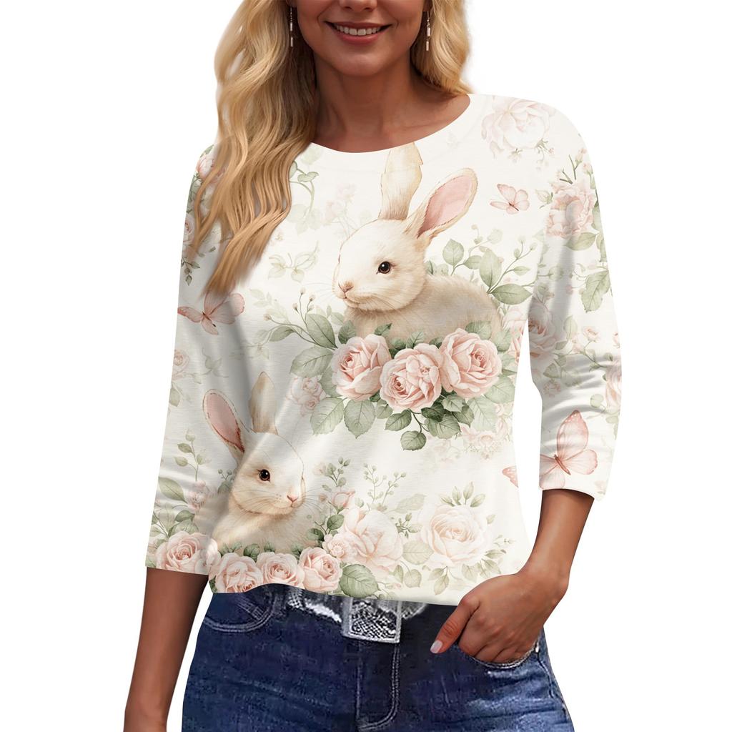 Women's Fashion Casual Sleeve Easter Elements Print Round Neck Top