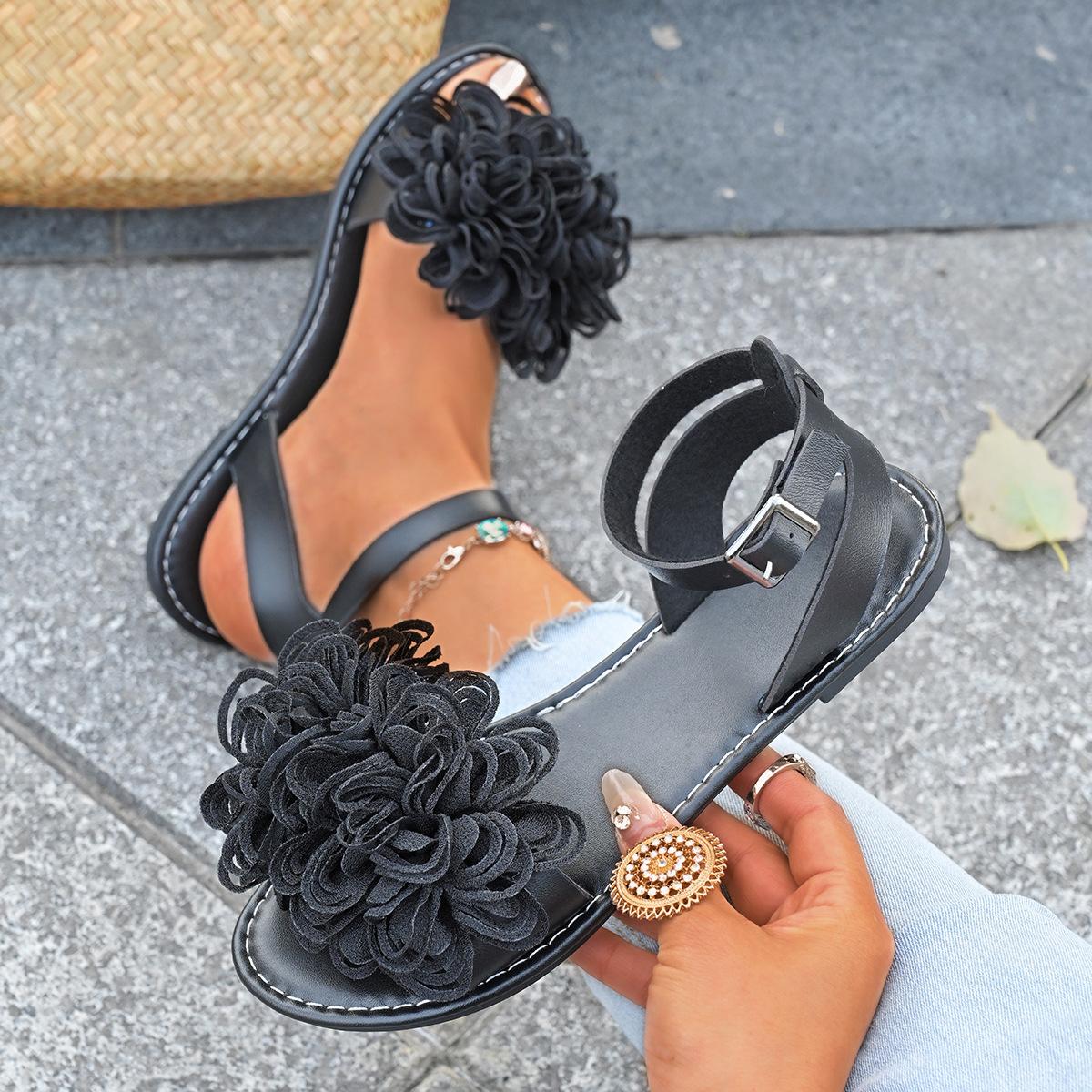 

Модные элегантные сандалии-балетки с цветком для женщин 2025 лето новинка Женские туфли-лодочки из шелка с мелким вырезом и ремешком на щиколотке для женщин 43 чёрный