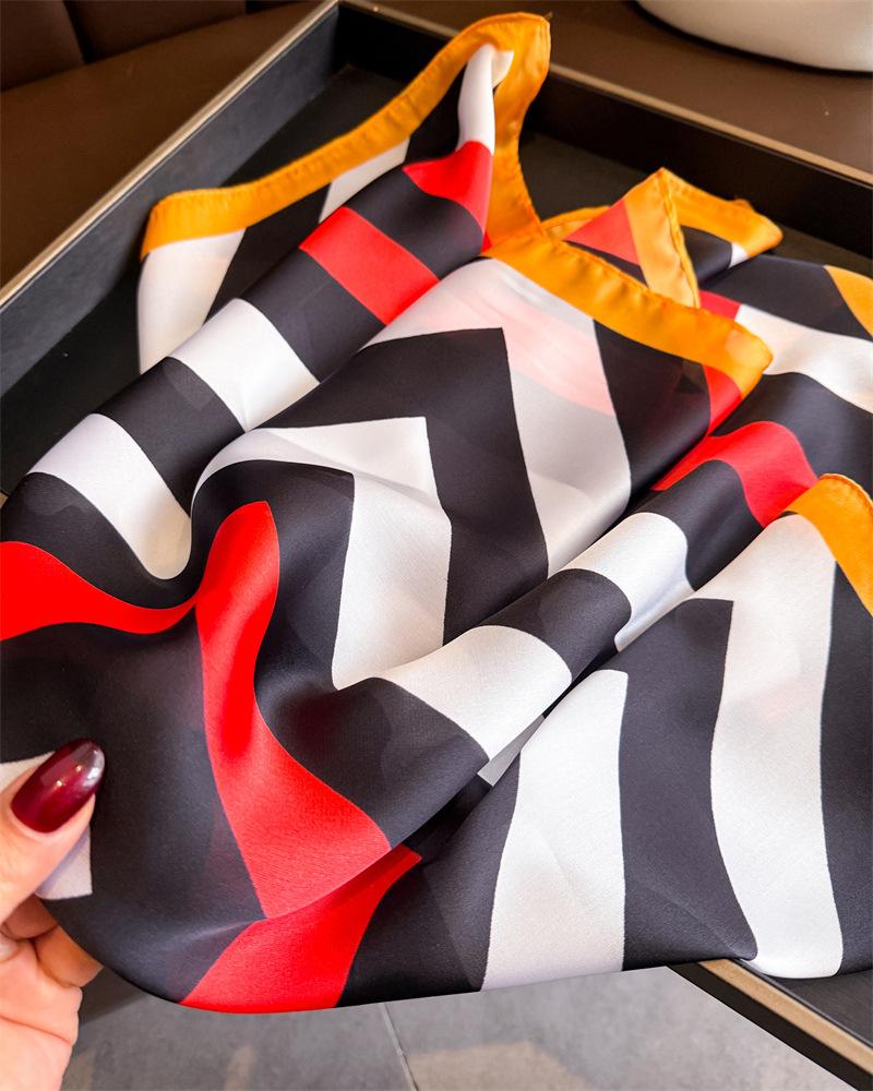 Striped Printed Silk Like Square Scarf For Women Fashion