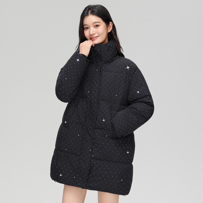 New Down-padded Jacket for Women in Winter, Star-studded Student Thickened Cotton-padded Jacket, Mid-length, Stylish and Shiny Cotton-padded Jacket
