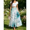 Summer Women's Teal Blue Watercolor Floral Print Skirt, Beach Vacation Style Loose Fit Versatile Casual Long Skirt