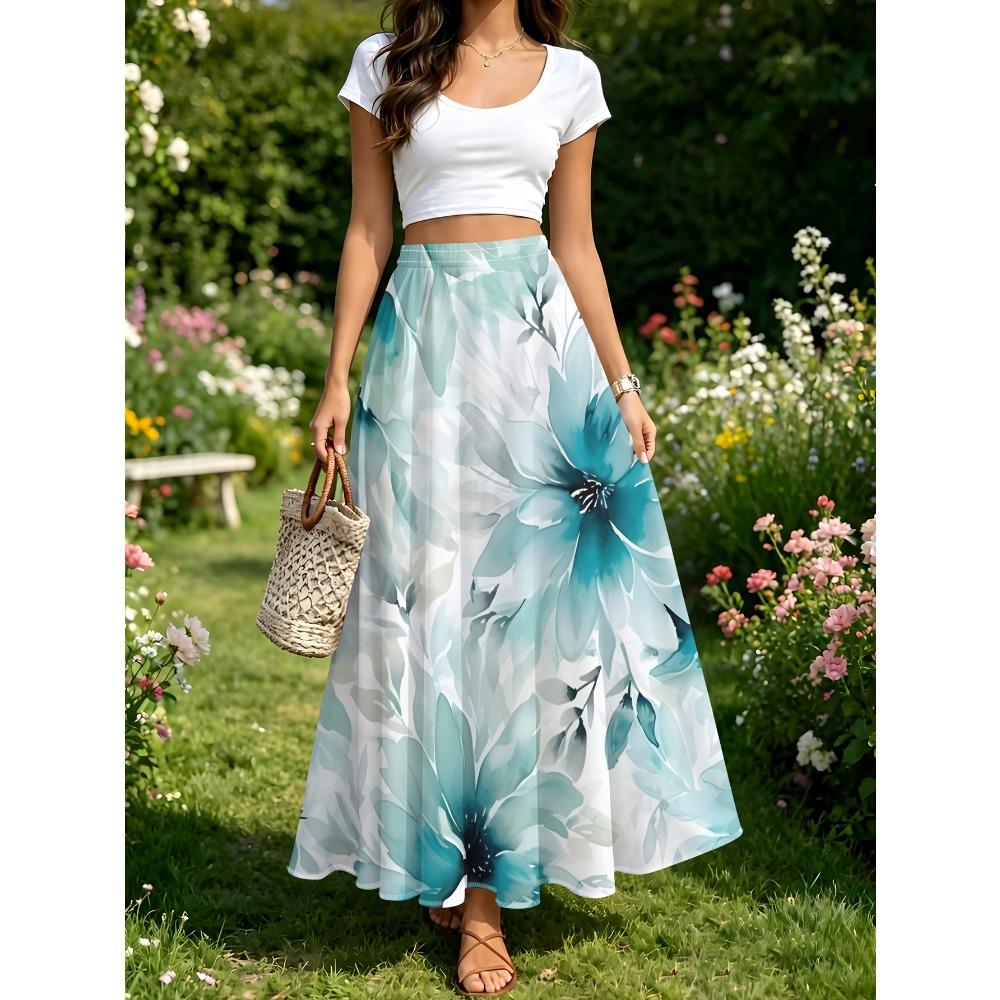 Summer Women's Teal Blue Watercolor Floral Print Skirt, Beach Vacation Style Loose Fit Versatile Casual Long Skirt