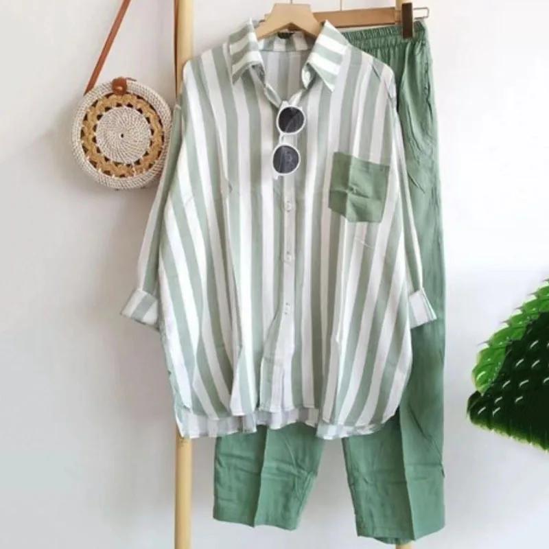 2Pcs/Set Women Outfit Shirt Pants Set Casual Elastic Waist Breathable Stripes Blouse Pants Suits Spring Summer Women Set