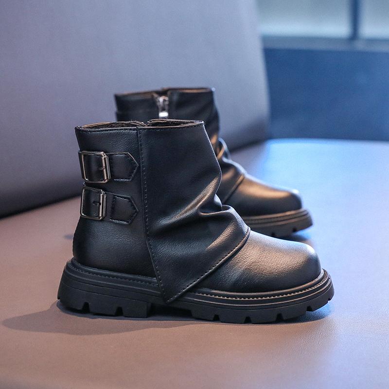 Children New Leather Boots Solid Color Girls Boots for Winter Thick Bottom Plush Fashion Patchwork Versatile Kids Cotton Boots