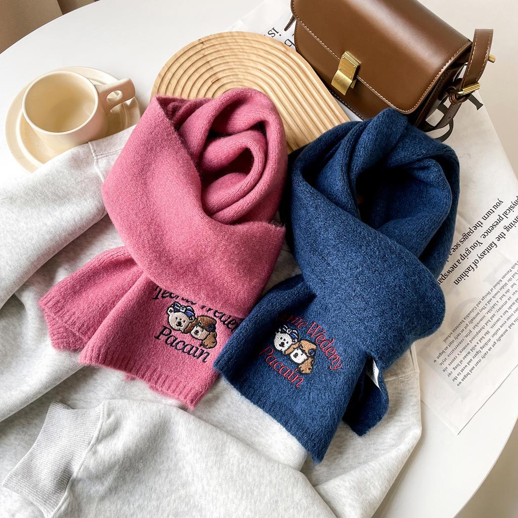 Cute Woolen Bear Scarf Embroidered Knitted Scarf For Women Winter Advanced Warm And Cold-Proof Versatile Student Woolen Scarf