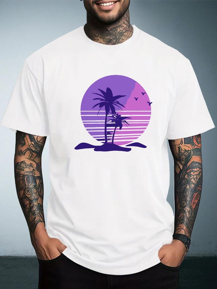 Unisex Summer White Short Sleeve Tee Retro Purple Sunset Palm Tree Beach Graphic Print Crew Neck Loose Male Casual Tops