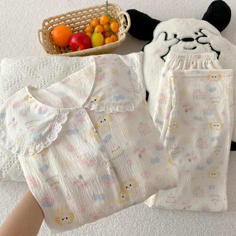 

Супер милый повар кружевной воротник куклы пижама женский весенне-осенний новый облачный хлопок с длинным рукавом комплект домашней одежды 2XL