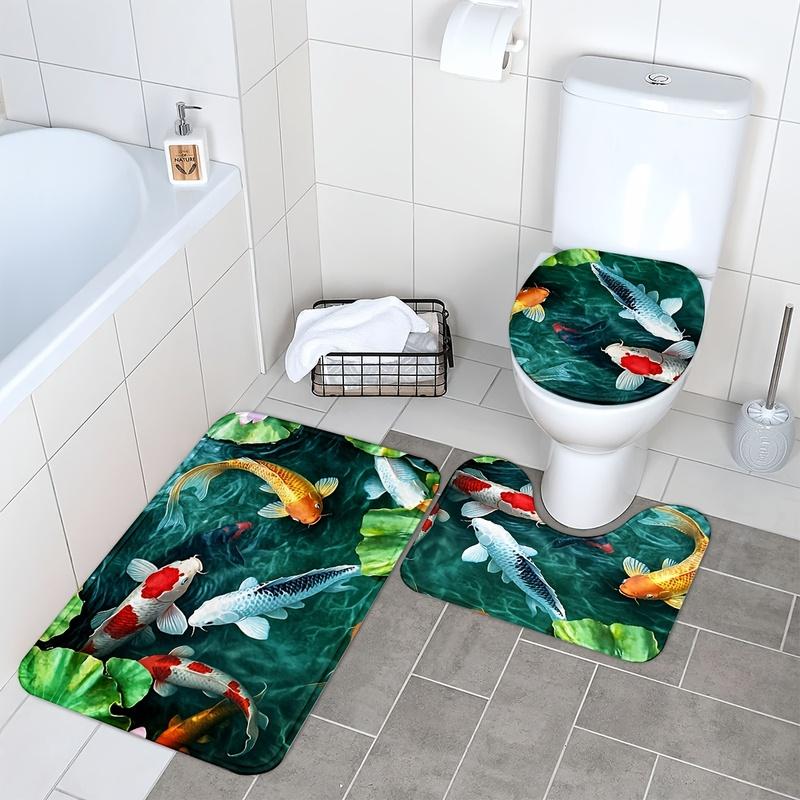 Koi Fish 3pcs Bathroom Mat Set - Non-Slip, Washable Floor Rugs for Kitchen, Bathroom & Bedroom Decor - Includes Bath Mat, Contou