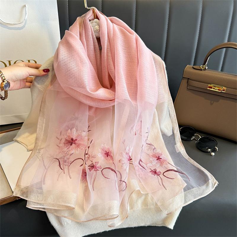 Luxury Silk Shawl Scarf For Women Design Embroidery Flowers Hijab Wraps Bufandas Female Headkerchief Fouloud Echarpe