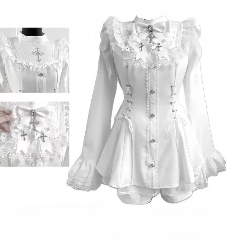 Japanese Y2 Aesthetics Vintage Bow Dress Shorts Set Women Gothic Lolita Style Long Sleeve Shirt Dress Elegant Party Dress Suits